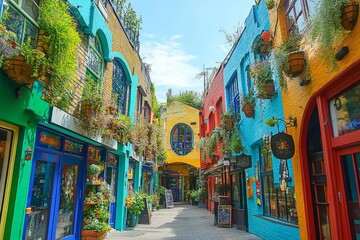 Vibrant Colorful Street with Eclectic Buildings in Covent Garden, London UK