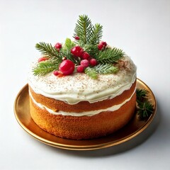 Christmas Cake with Fresh Raspberries and Festive Decorations - Isolated on White