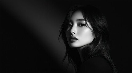 Naklejka premium A black-and-white portrait of a woman illuminated by a single dramatic spotlight, creating sharp contrasts and soft shadows on a plain dark backdrop. 