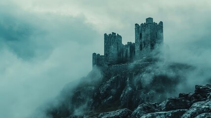 Fototapeta premium A misty castle perched on a rocky hill, shrouded in fog.