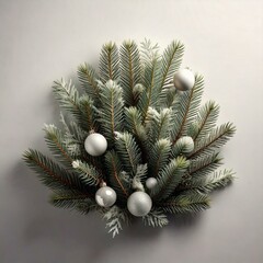 minimal elegant christmas pine decoration with white and silver ornament, isolated on white background 