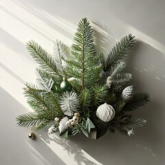 minimal elegant christmas pine decoration with white and silver ornament, isolated on white background 