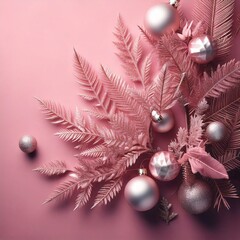 pastel pink holiday christmas leaves and silver ball decoration, isolated on pastel pink background