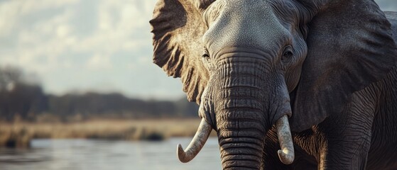 Fototapeta premium Close-up of an elephant near a tranquil water body.