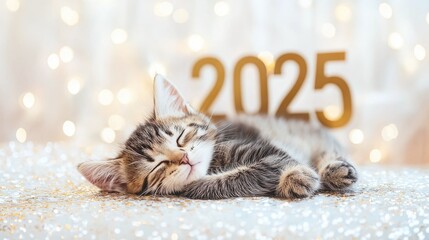 Golden Number "2025" with Sleeping Kitten, Festive New Year Card Design on White and Gold Background with Confetti