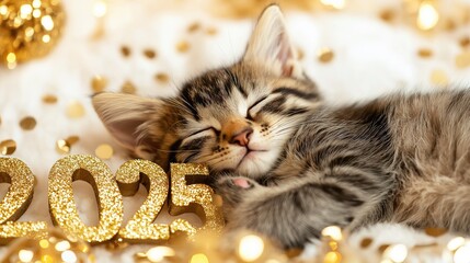 Golden Number "2025" with Sleeping Kitten, Festive New Year Card Design on White and Gold Background with Confetti