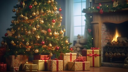 Festive presents stacked high under a brilliantly decorated Christmas tree, creating a scene of anticipation and joy.
