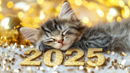 Golden Number "2025" with Sleeping Kitten, Festive New Year Card Design on White and Gold Background with Confetti