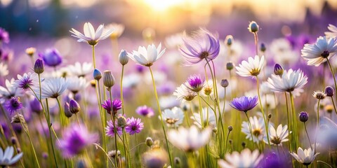 Fototapeta premium Mesmerizing Long Exposure of Purple and White Flowers in a Dreamy Field Capturing Nature's Beauty and Serenity with Soft Blurs and Vibrant Colors