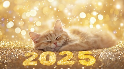 Golden Number "2025" with Sleeping Kitten, Festive New Year Card Design on White and Gold Background with Confetti