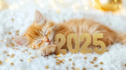 Golden Number "2025" with Sleeping Kitten, Festive New Year Card Design on White and Gold Background with Confetti