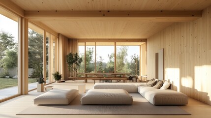 Fototapeta premium Spacious, minimalist living room with natural light and greenery.