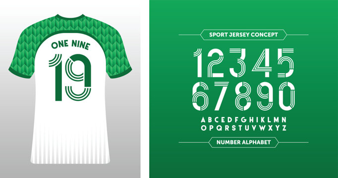 One Nine 19: Green and white soccer jersey with geometric patterns. Stylish stripes and A-Z characters for a modern look.
