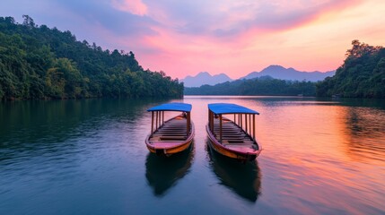 Obraz premium Serene Sunset Over Boats on Tranquil Waters Surrounded by Lush Greenery and Majestic Mountains in a Scenic Natural Setting