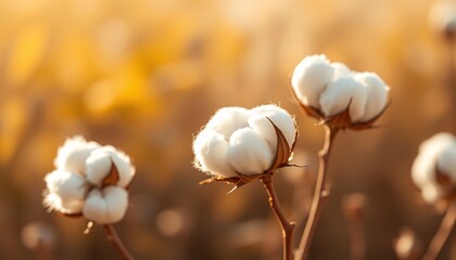 Soft cotton bolls in a field at sunset.