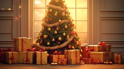 Festive presents stacked high under a brilliantly decorated Christmas tree, creating a scene of anticipation and joy.