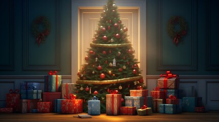 Festive presents stacked high under a brilliantly decorated Christmas tree, creating a scene of anticipation and joy