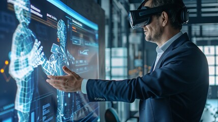 Businessman in suit using virtual reality hologram interface to analyze data research information and develop business strategy for the future of technology and communications