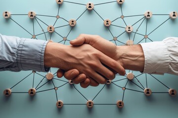 Business Network Connections with Handshakes on Wooden Cubes for Corporate Teamwork on Light Blue Background