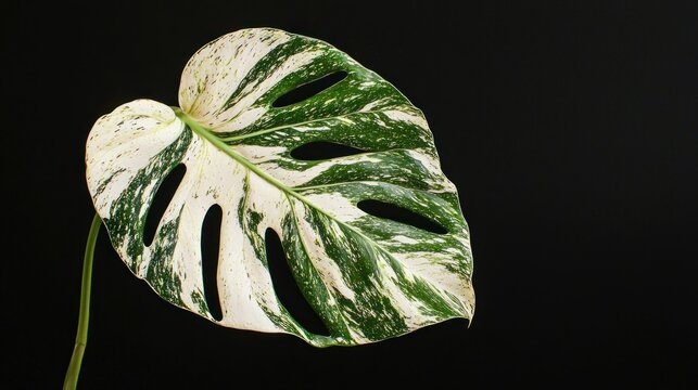 A rare variegated monstera variegata leaf with its mix of green and white, displayed against a black background