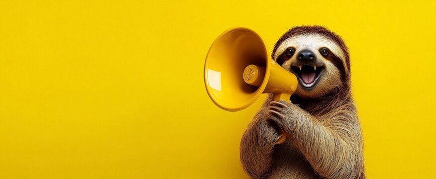 cheerful sloth with yellow megaphone on bright background speaking loudly joyful expression