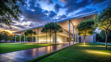 Long Exposure of the Menil Collection Exterior in Houston, Texas - Modern Architecture, Art Museum, Night Scene, Urban Landscape, Artistic Design, Cultural Landmark
