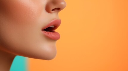 A close-up of a person speaking softly into a voice-activated device, with blurred background details of a modern home interior. Focus on the mouth and the device, warm lighting, diverse representatio