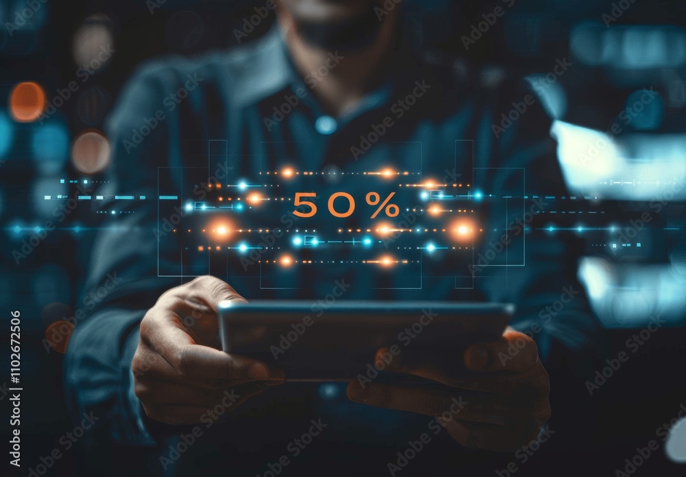 Aufkleber Man using tablet with virtual web server icon, online technology data transfer, system security, digital device displaying multilevel loading progress bar, dark background, banner with 50% text