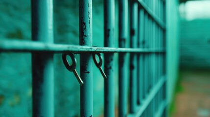 A close-up of a rusty, teal-colored prison gate, highlighting the texture and details of the bars and lock mechanism.