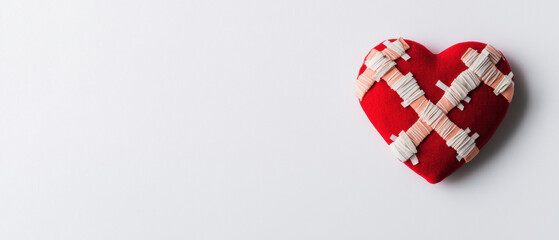 Fototapeta premium A red heart-shaped decoration with a woven pattern, set against a simple white background, evoking feelings of love and warmth.