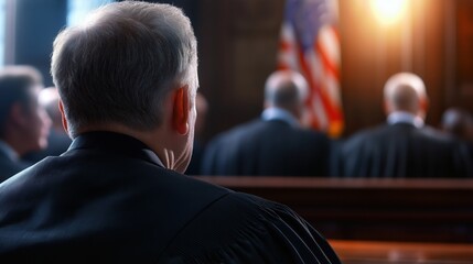 Fototapeta premium A judge presides over a courtroom, focusing on proceedings with fellow judges in the background, illuminated by soft light and an American flag.