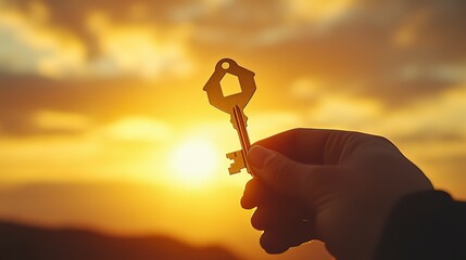 Hand holding a key shaped like a house against a golden sunset, symbolizing a new home or real estate success 