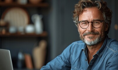 Handsome man in blue shirt and glasses using laptop with confident smile
