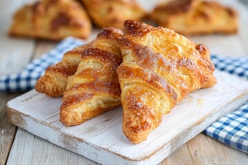Crispy Golden Brown Puff Pastry Triangles Filled with Apples on Rustic Wooden Board