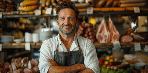 Proud butcher in front of meat shop with various products