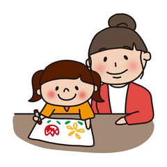 お絵描きする娘と見守るママ