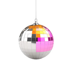 Fototapeta premium A sparkling disco ball, party element, hyper-realistic art style, silver and multicolor reflections, isolated on white background