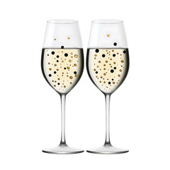 A pair of champagne glasses clinking, celebration theme, hyper-realistic illustration, clear glass and gold bubbles, isolated on white background