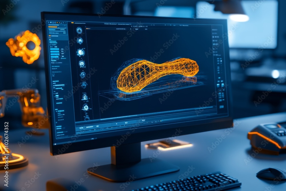 Poster A close-up of architectural software on a computer screen, showing a detailed 3D rendering of a bridge