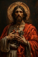 Naklejka premium Jesus with Sacred Heart in Realistic Painting