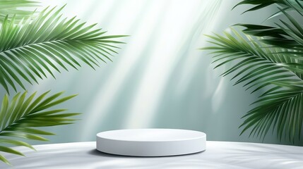 White Platform Displayed Amidst Lush Green Palm Leaves