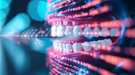 A digitally rendered close-up of a human teeth model illuminated with neon lighting and abstract sci-fi elements, conveying a futuristic medical theme. AI generated.