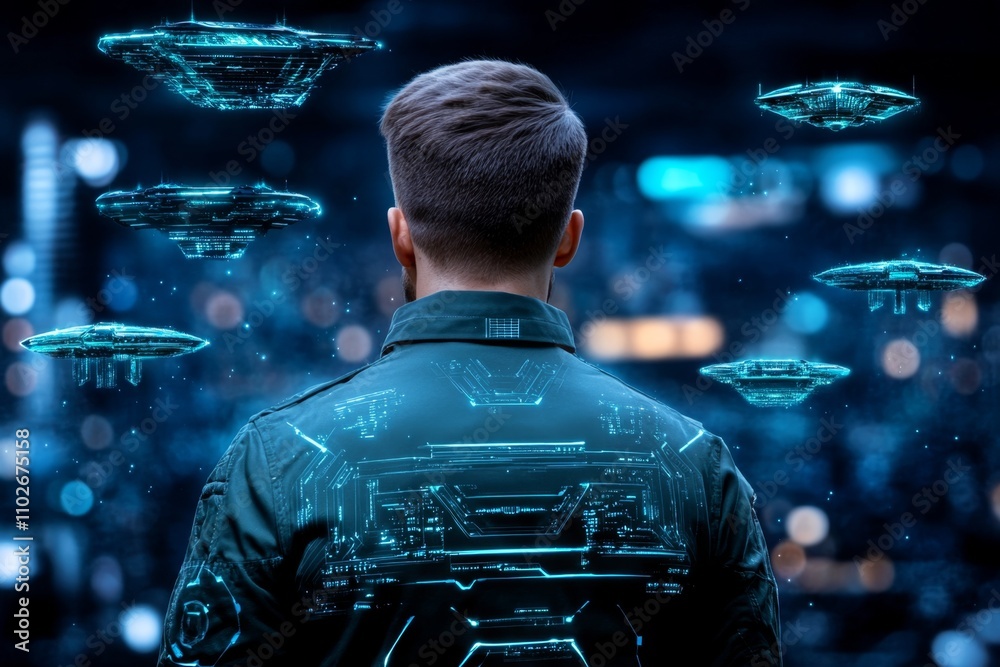 Poster a detailed digital illustration of an architect surrounded by floating 3d models of futuristic build