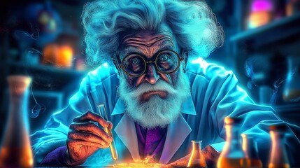 Old Man Scientist in Laboratory with Wild White Hair and Glasses Holding Test Tube
