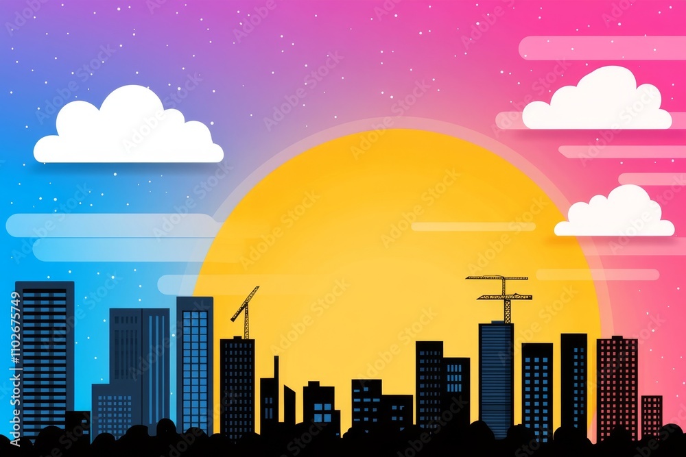 Poster a flat, abstract representation of a construction crane and a building silhouette in minimalist styl