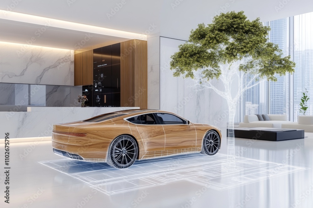 Poster A futuristic architect workspace with holographic 3D models, floating blueprints, and AI-assisted design tools