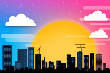 Fototapeta premium A flat, abstract representation of a construction crane and a building silhouette in minimalist style