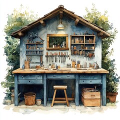 A rustic workshop with tools and a wooden table, surrounded by greenery.