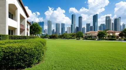 Obraz premium Modern skyline with grassland and greenery in the foreground under a bright blue sky.