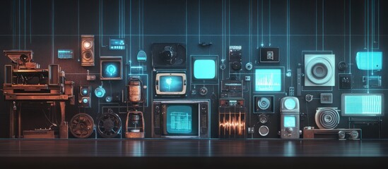 Vintage electronics and technology evolution connected by digital lines.